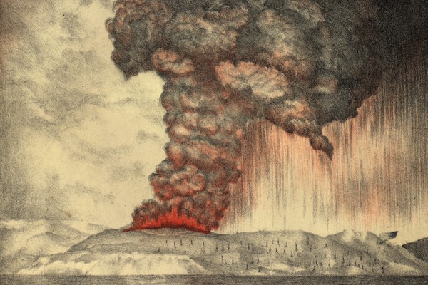 27th May 1883: Clouds pouring from the volcano on Krakatoa (aka Krakatau or Rakata) in south western Indonesia during the early stages of the eruption which eventually destroyed most of the island. Royal Society Report on Krakatoa Eruption - pub. 1888 Lithograph - Parker & Coward (Photo by Hulton Archive/Getty Images)